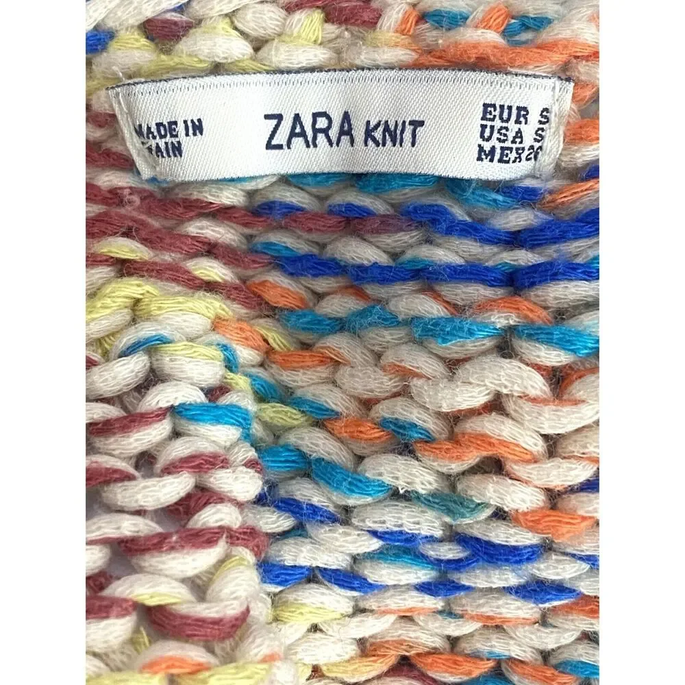 Zara Chunky Knit Relaxed Sweater 3/4 Sleeve Scoop Back S Multicolorfull Cream